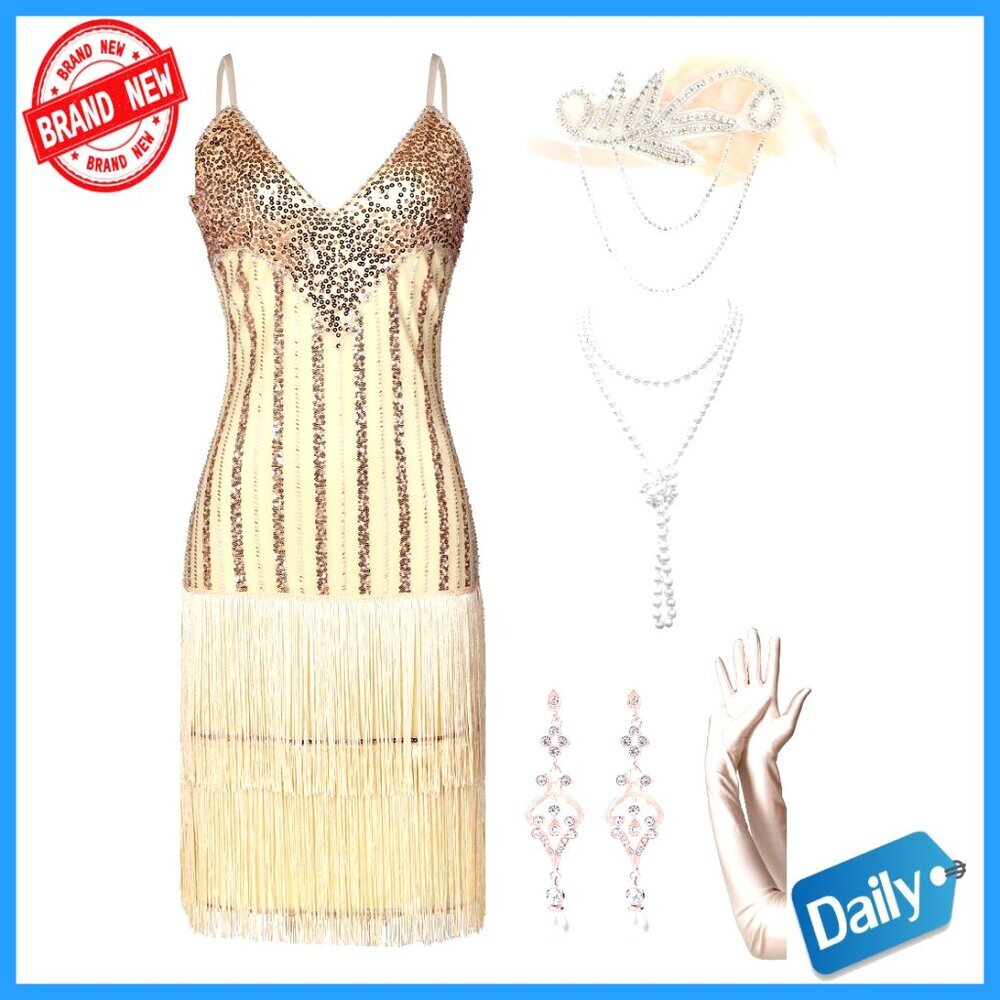 Sequin Fringe Flapper Dress 1920s Gatsby Cocktail Party Size Medium